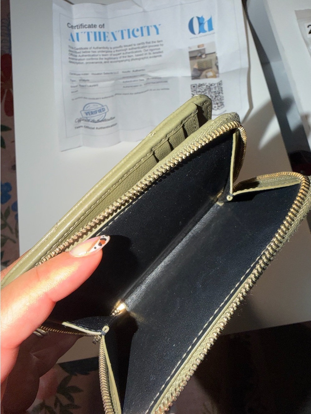 Saint Laurent Cassandre Olive Green Quilted Leather Zip Wallet - Picture 4 of 4